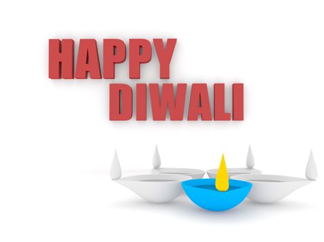 3d happy diwali text on wall with single color diya isolated white background