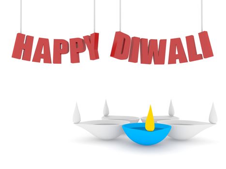 hanging happy diwali text with 3d single color diya isolated white background