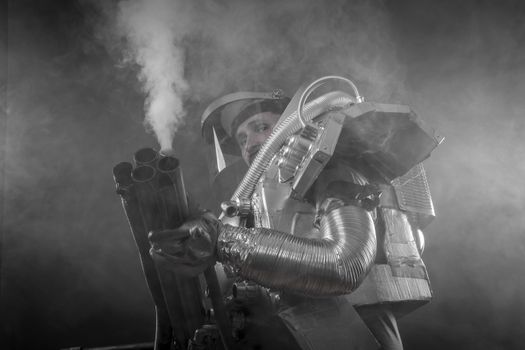 Exploration, Astronaut on a black background with huge weapon.