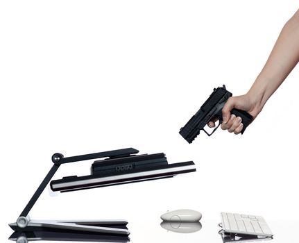 communication between human hand and a computer display monitor on isolated white background expressing breakdown gun concept