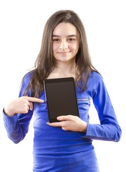 Happy teen girls with digital tablet  on white background
