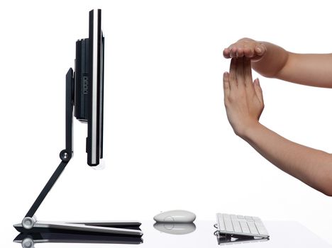 communication between human hand and a computer display monitor on isolated white background expressing timeout gesture concept