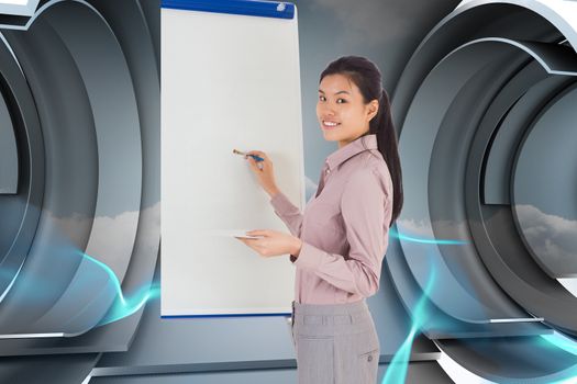 Businesswoman painting on an easel against abstract design in blue