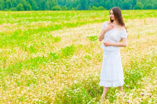 girl in a white sundress walking on chamomile field