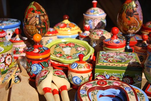 Traditional Russian wooden painted souvenirs by ancient town Gorodets
