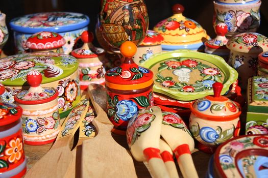 Traditional Russian wooden painted souvenirs by ancient town Gorodets