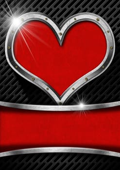Metal porthole heart shape with red velvet interior, on black and gray dark grid with red velvet plaque