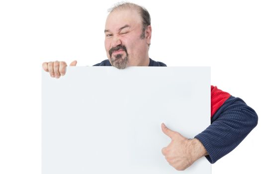 Mature man holding a blank billboard and giving thumbs-up endorsing the message