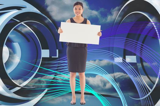 Businesswoman holding a placard against abstract blue and purple line design