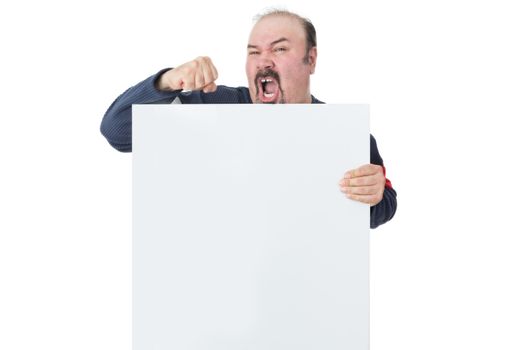 Mature man holding a blank white billboard and protesting