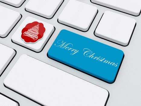 christmas tree tag and text on keyboard, 3d render
