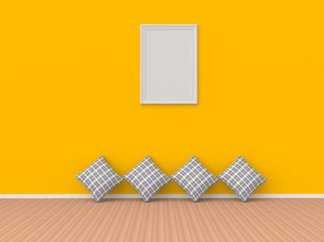 clean 3d interior room pillow on floor with frame on yellow wall