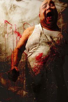 Crazy insane butcher covered with blood.  Heavily filtered photo merged with old paper backgrounds..

