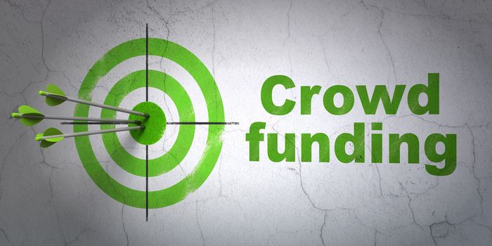 Success finance concept: arrows hitting the center of target, Green Crowd Funding on wall background, 3d render