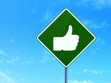 Social media concept: Thumb Up on green road (highway) sign, clear blue sky background, 3d render