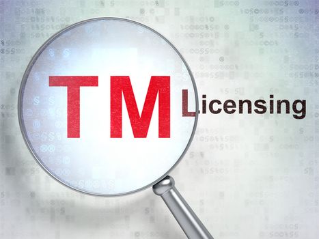 Law concept: magnifying optical glass with Trademark icon and Licensing word on digital background, 3d render