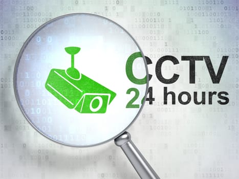 Security concept: magnifying optical glass with Cctv Camera icon and CCTV 24 hours word on digital background, 3d render