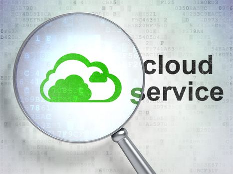 Cloud computing concept: magnifying optical glass with Cloud icon and Cloud Service word on digital background, 3d render