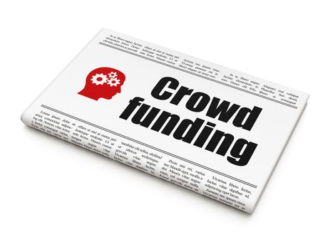 Finance concept: newspaper headline Crowd Funding and Head With Gears icon on White background, 3d render