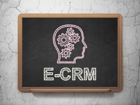 Finance concept: Head With Gears icon and text E-CRM on Black chalkboard on grunge wall background, 3d render