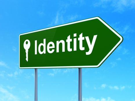 Protection concept: Identity and Key icon on green road (highway) sign, clear blue sky background, 3d render