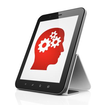 Data concept: black tablet pc computer with Head With Gears icon on display. Modern portable touch pad on White background, 3d render