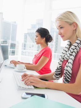 Side view of two casual young women using computers in a bright office