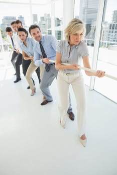 Full length of a group of business people pulling rope in a bright office