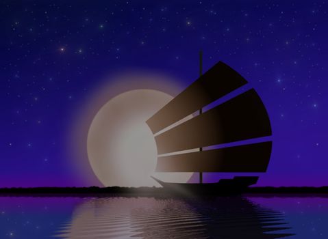 Ship Sailing at Sea with Moonlight