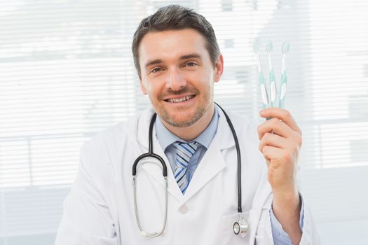 Portrait of a smiling doctor holding toothbrushes in his office