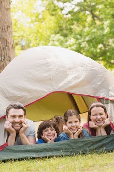 Portrait of couple with kids lying in the tent at park