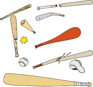 Set of various baseball bats and balls on white background