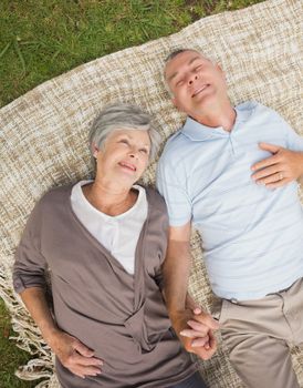 High angle view of a smiling relaxed senior couple lying in the park