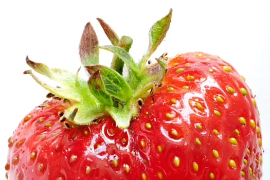 Close-up of a ripe red strawberry on white, top half.