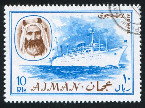 AJMAN - CIRCA 1964: stamp printed by Ajman, shows Sheik Rashid bin Humaid al Naimi and ship, circa 1964