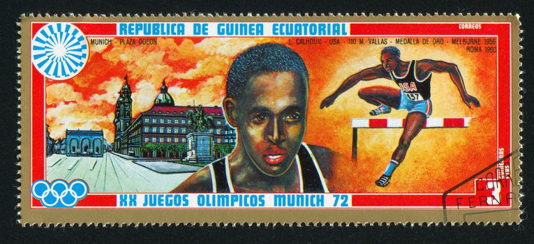 EQUATORIAL GUINEA - CIRCA 1972: stamp printed by Equatorial Guinea, shows Hurdling and Odeonsplatz, circa 1972