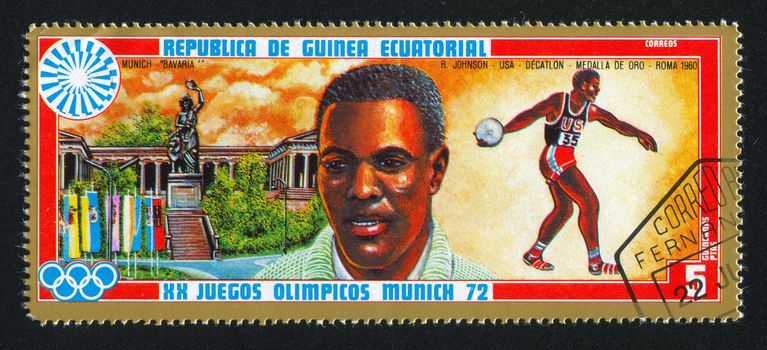 EQUATORIAL GUINEA - CIRCA 1972: stamp printed by Equatorial Guinea, shows Bavaria Statue and Decathlon, circa 1972