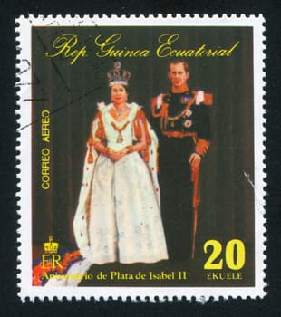 EQUATORIAL GUINEA - CIRCA 1976: stamp printed by Equatorial Guinea, shows Isabel II and her hudband, circa 1976