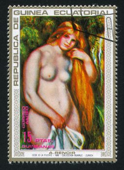 EQUATORIAL GUINEA - CIRCA 1973: stamp printed by Equatorial Guinea, shows Standing bather by Renoir, circa 1973