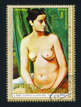 EQUATORIAL GUINEA - CIRCA 1973: stamp printed by Equatorial Guinea, shows The female Nude in front of green hanging by Derain, circa 1973