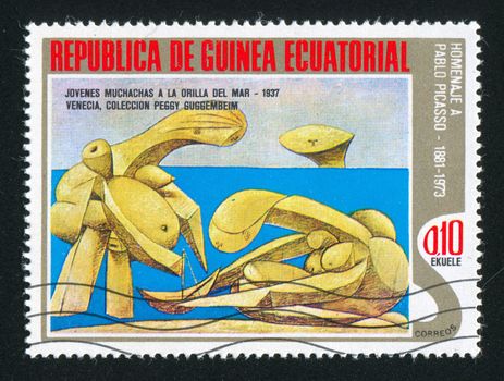 EQUATORIAL GUINEA - CIRCA 1976: stamp printed by Equatorial Guinea, shows Young Girls at the Seaside by Chavannes, circa 1976