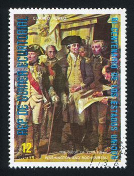 EQUATORIAL GUINEA - CIRCA 1976: stamp printed by Equatorial Guinea, shows the Siege of Yorktown, Washington and Roshambeau, circa 1976