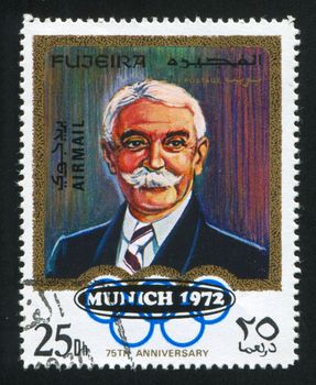 FUJEIRA - CIRCA 1972: stamp printed by Fujeira, shows Pierre de Coubertin, circa 1972