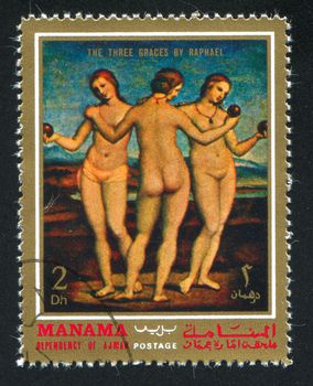 MANAMA - CIRCA 1971: stamp printed by Manama, shows The Three Graces by Raphael, circa 1971