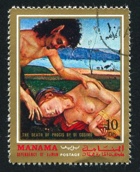 MANAMA - CIRCA 1971: stamp printed by Manama, shows The Death of Procis by Di Cosimo, circa 1971
