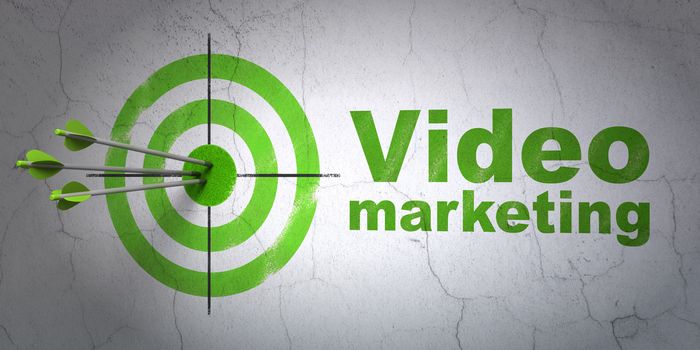 Success business concept: arrows hitting the center of target, Green Video Marketing on wall background, 3d render