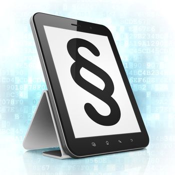 Law concept: black tablet pc computer with Paragraph icon on display. Modern portable touch pad on Blue Digital background, 3d render