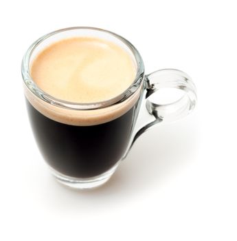 Glass Cup of Espresso Coffee on White Background - Shallow Depth of Field
