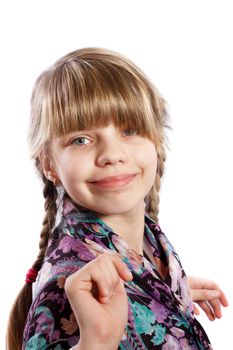smiling girl with braids on a white background