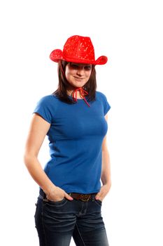 a woman in a red cowboy hat on white background